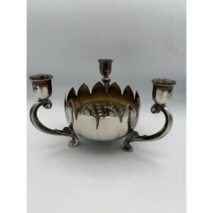 Leonard Silver Plate 3 Arm Candle Holder Centerpiece Floral Bowl Vintage